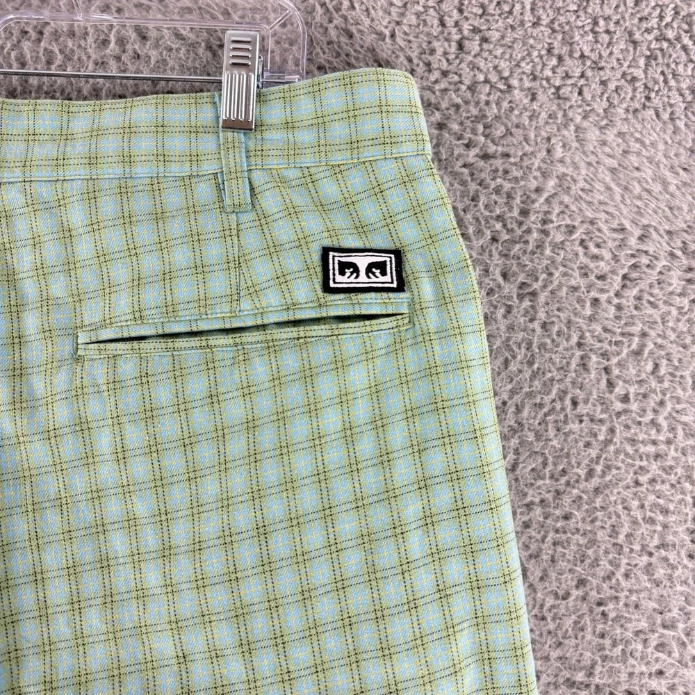 Obey Plaid Pleated Pants Mens 36 Green Blue Skate Streetwear Wide Leg Trousers